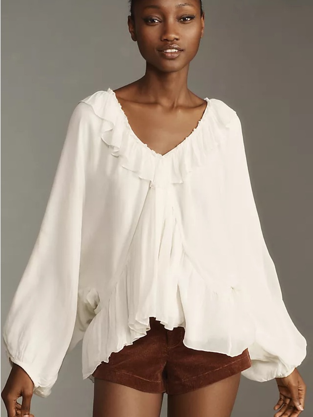 Anthropologie Cream/White Ruffled V-Neck Balloon Sleeve Top